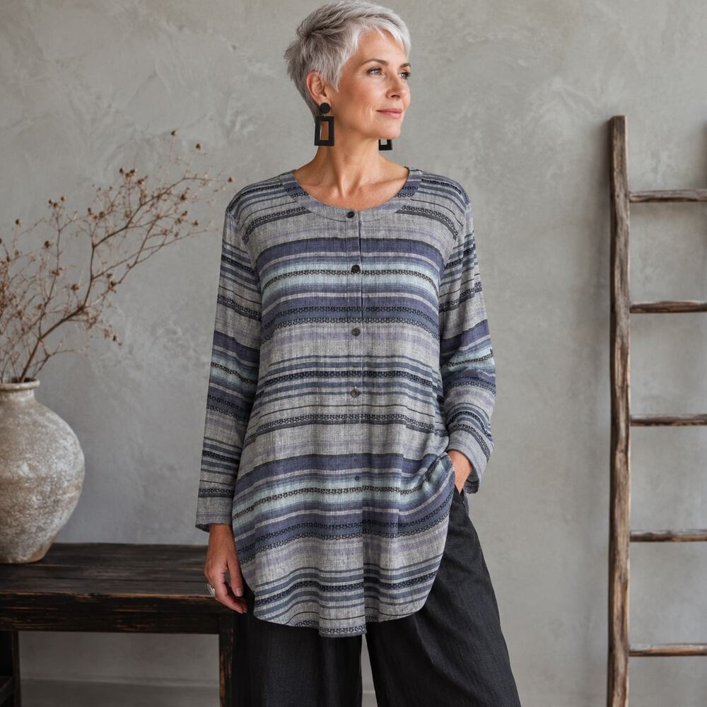 J Jill Gray Stripe Long Sleeve Scoop Neck Pop Over Top Large